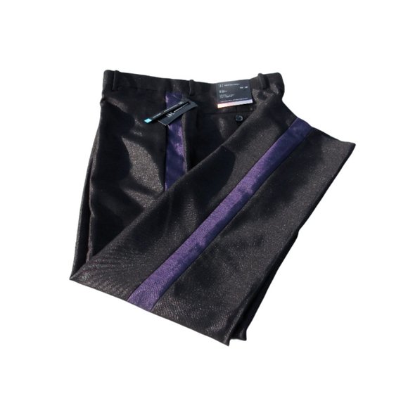 INC International Concepts Other - INC Mens Milan Stretch Slim Fit Party Pants Black Purple Stripe Shimmer 34Wx30L